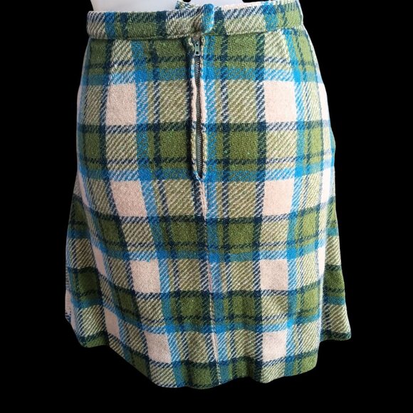 Vintage Women's Skirt 23" 1960's 1of1 Green Blue Tartan Wool Plaid Good Girl Mod - Picture 5 of 9